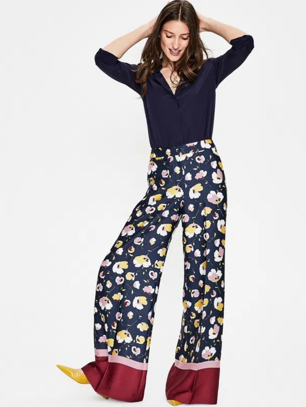 Boden Navy Floral Weybourne Wideleg Trousers Size 14R